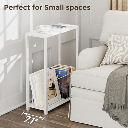 Homleke Narrow Side Table with Magazine Holder, Skinny End Table | Space-Saving Design, Small Spaces, Storage Shelf, Metal Frame, Easy Assembly, 7.1" D x 16.9" W x 23.6" H, White - color: White - Standard