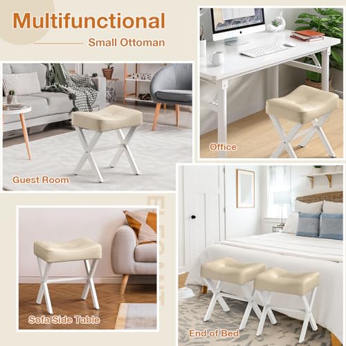 18-Inch Leather Vanity Stool Chair, Beige Makeup Stool | Vanity Bench, Metal X-Leg, Ottoman Accent Stool, Thick Padded Saddle Seat, 300 LBS, 16.3"x12.4"x18", For Living Room Bedroom - size: Small, style: Beige Leather