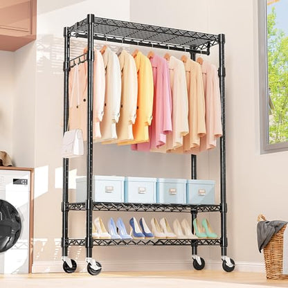 M MZG Heavy Duty Rolling Garment Rack 3 Tiers Adjustable Wire Shelving Clothes Rack with Rods and Side Hooks,Storage Closet Clothing Rack with Wheels Black 17.7" D x 47.2" W x 83.6" H - color: Black, size: 3 Tier with 1 rod, 17.7"D x 47.2"W x 83.6"H