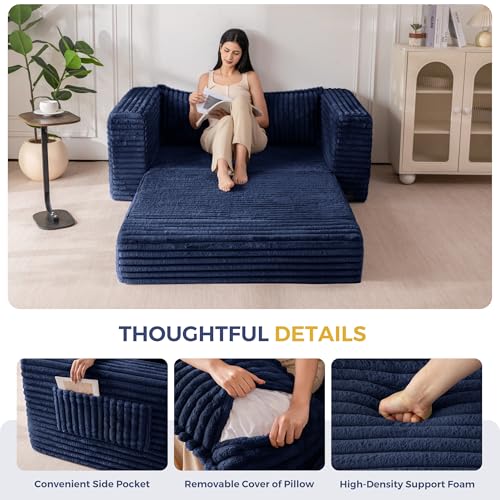 MAXYOYO Convertible Sofa Bed, Pull-Out Loveseat Couch Bed for Small Space | 2 in 1 Folding Couch Bed with Large Back Pillow, Plush Faux Fabric Lounge Couch for Living Room, Apartment, Navy - color: Navy