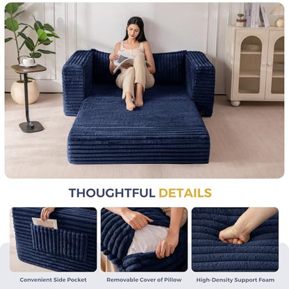 MAXYOYO Convertible Sofa Bed, Pull-Out Loveseat Couch Bed for Small Space | 2 in 1 Folding Couch Bed with Large Back Pillow, Plush Faux Fabric Lounge Couch for Living Room, Apartment, Navy - color: Navy