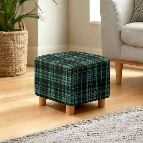 Green Scottish Tartan Print Ottoman Cover Square, Folding Storage Ottoman Slipcovers Jacquard Stretch Cube Footrest Foot Stool Covers Protector with Elastic Band - color: Green Scottish Tartan