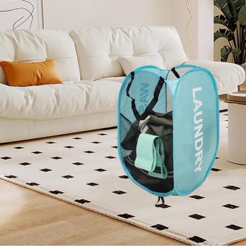 Mesh Laundry Hamper 2Pack Pop Up Hamper with Strong Handles, Collapsible Laundry Basket for Home, Bathroom, Bedroom, Travel Storage Hamper(Grey + Sky Blue) - color: Grey + Skyblue