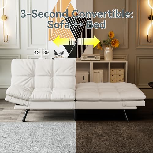 Futon Sofa Bed Convertible Couch, White Faux Leather Sofa Bed | Adjustable Backrest & Armrests, Multifunctional Small Loveseat Sleeper Sofa for Living Room, Apartment, Office, Foam Couch - color: A7 | White