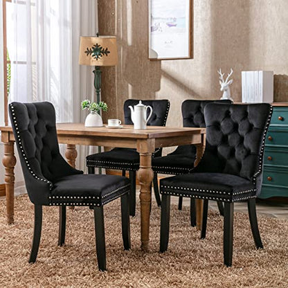 Black Velvet Dining Chairs Set of 2, Tufted Kitchen & Dining Room Chairs | Two Fabric Tufted Dinning Chairs, Velvet Upholstered, Wing Back, Metal Pull Ring, Wood Frame, Mid Century Modern - color: B-1 Black Velvet, Wood Legs, size: 2