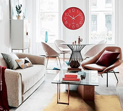 12 in Wall Clock Non-Ticking Quartz Silent Battery Operated Round Clocks Home Kitchen Office School Living Room Decor Clocks (Red) - color: Red