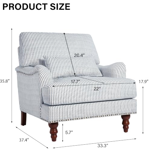 Mid-Century Modern Accent Chair with Lumbar Pillow, Pinstripe Blue, 2 Pack | Upholstered Chenille Armchair, Solid Wood Frame & Legs, Comfy Reading Lounge Sofa for Living Room Bedroom, & Small Spaces - color: Pinstripe Blue, size: 2 Seat