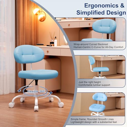 Misolant Vanity Chair with Back, Small Armless Cute Office Chair with Wheels and Lumbar Support, Comfy PU Leather Desk Computer Chairs with Adjustable Height, 360°Swivel for Home Bedroom Office, Blue - color: Blue