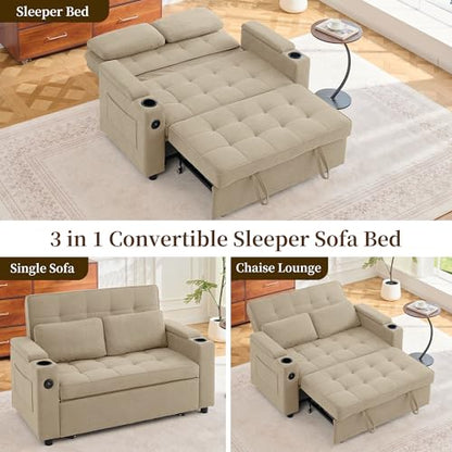 Korser 55.5'' 3-in-1 Convertible Sofa Bed, Pull Out Couch with 5-Position Adjustable Backrest, Loveseat Sleeper Sofa for Small Spaces, Sofa Couch with Cup Holders for Living Room, Office, Chenille - color: Khaki