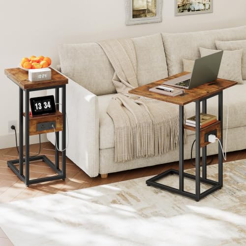 HOOBRO Foldable End Table, C Shaped Side Table with Charging Station, Sofa Couch Table that Slide Under for Living Room Bedroom Small Spaces, Easy Assembly, Rustic Brown and Black BF29USF01