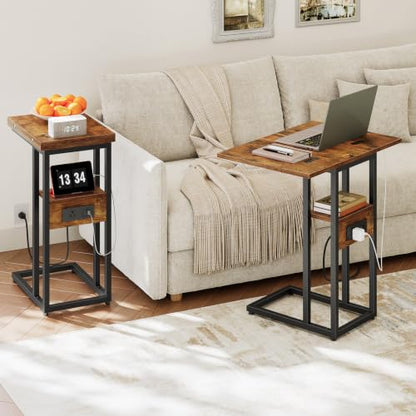 HOOBRO Foldable End Table, C Shaped Side Table with Charging Station, Sofa Couch Table that Slide Under for Living Room Bedroom Small Spaces, Easy Assembly, Rustic Brown and Black BF29USF01