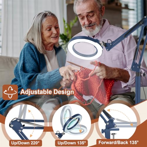 LANCOSC 15X Magnifying Glass with Light and Stand, 3-in-1 Adjustable Swing Floor Lamp, 5 Color Modes Stepless Dimmable, LED Lighted Hands Free Magnifier & Clamp for Reading, Crafts, Painting - Blue - color: Blue