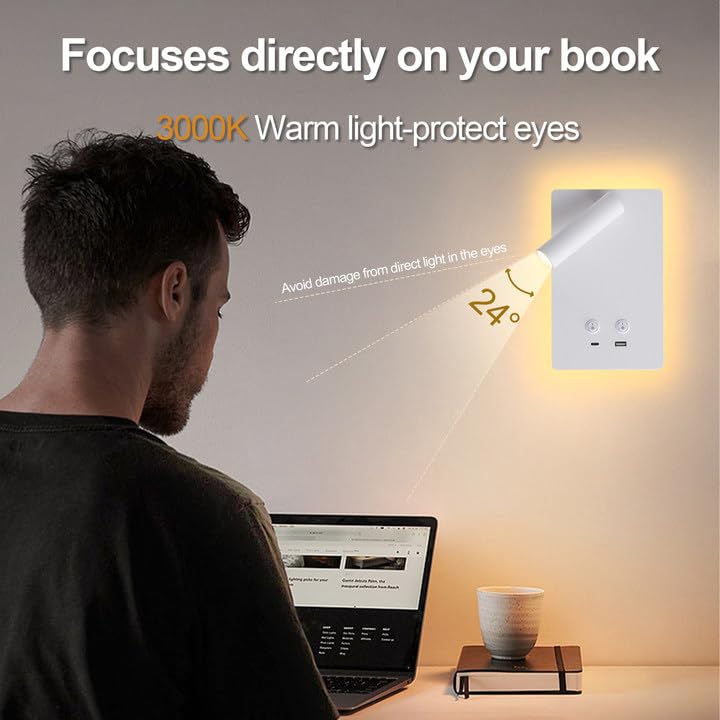 MOLUOLA LED Wall Lamp Wall Mounted Reading Lights Set of 2, Adjustable Headboard Plug in Wall Sconce with USB C+A Ports, Headboard Bedside Lamp with 9W+3W Night Light 3000K (White) - color: White, size: 2 Pack