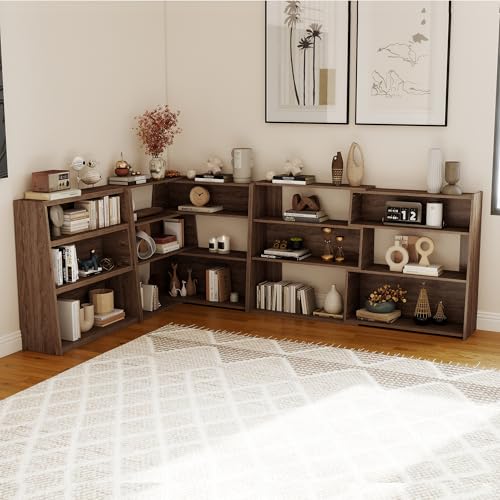 Expandable Bookshelf with Solid Wood Core, 3-Tier Ladder Bookcase, Extendable Corner Shelf for Small Space in Living Room, Study, Bedroom, Walnut