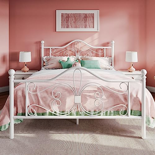 SHA CERLIN Queen Size Metal Bed Frame with Butterfly Headboard, White | Metal Platform Bed for Kids, Wrought Iron-Art Headboard/Footboard, Under-Bed Storage, No Box Spring Needed, Easy Assembly - color: White, size: Queen