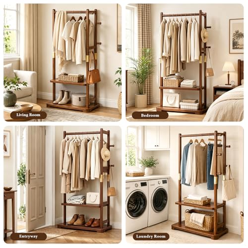 Coat Rack Solid Wood Hall Tree Storage 2 Shelves 5 Hooks | Entryway hallway bedroom, durable solid wood construction, freestanding storage design, coats hats bags wallets - size: Walnut - L:26''D x 14.2 ''Wx 64.6 ''H(No Wheels)