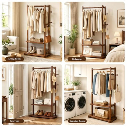 Coat Rack Solid Wood Hall Tree Storage 2 Shelves 5 Hooks | Entryway hallway bedroom, durable solid wood construction, freestanding storage design, coats hats bags wallets - size: Walnut - L:26''D x 14.2 ''Wx 64.6 ''H(No Wheels)