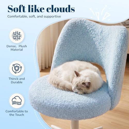 DurayLoly Vanity Chair with Wheels,Open Back, Armless,Light Blue | Chair Soft Teddy Fabric 6" Thick Cushion, Height Adjustable 17.5"–21.5", 360° Swivel for Vanity Table, Home Office - color: Light Blue