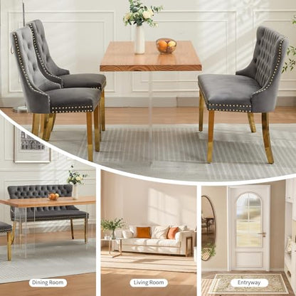 Grey Velvet Dining Bench with Back, Tufted Banquette Seating, Gold Legs | Upholstered loveseat bench; tufted back; nailhead trim; 500 lb capacity; foam and spring seat; dining room or entryway - color: Grey(gold Stainless Steel Legs)