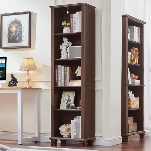 70" Tall Narrow Book Shelf, 5-tire Bookshelf with Adjustable Shelves & Solid Wood Legs, Farmhouse Freestanding Bookcase with Open Storage, Wood Book Case for Office, Living Room, Walnut - color: Walnut