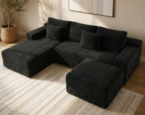 Boneless Couch Modular Sectional Sofa Cloud Couch | Oversized Deep-Seat Wide-Wale Corduroy L-Shaped Sectional Couch for Living Room, Apartment and Family Room - color: Black 105'' Right Ottoman