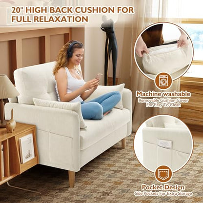 Urhanherry 47" Small Sofa Couch, Soft Chenille loveseat Mini Couch with Throw Pillow and Removable Cushion Cover for Small Spaces, Bedroom, Apartment, Dorm, Office, Living Room(Beige) - color: Beige
