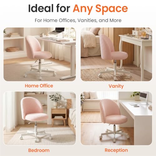 NEO Chair Office Vanity Chair with Wheels Comfy Desk Chair for Girls Cute Computer Small Armless Adjustable Height Swivel for Home Bedroom Task (Teddy Pink) | Soft Fleece Fabric with Supportive Curved Back, 360° Swivel, Cozy Comfort for Makeup, Computer,