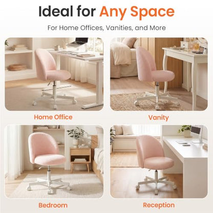 NEO Chair Office Vanity Chair with Wheels Comfy Desk Chair for Girls Cute Computer Small Armless Adjustable Height Swivel for Home Bedroom Task (Teddy Pink) | Soft Fleece Fabric with Supportive Curved Back, 360° Swivel, Cozy Comfort for Makeup, Computer,