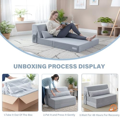 Convertible Folding Sofa Bed Mattress with Pillow & Side Pocket, Plush Fabric Floor Mattress Couch Bed, Washable Cover, Twin Size, White Gray - color: Plush White Gray, size: Twin Size