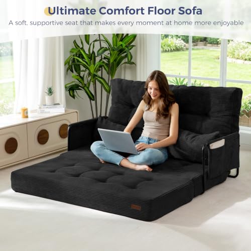 MAXYOYO Adjustable Folding Sofa Bed Couch with 2 Pillows, Black | Multi-Functional Bean Bag Bed, 5-Position Foldable Lazy Floor Sofa Bed with Armrest, Versatile Floor Seating for Reading - color: Black