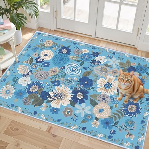 Washable 2x3 Entry Rug, Small Rugs for Kitchen Bathroom Door Mat | Ultra-Thin Soft,Non-Slip Indoor Door Mat Carpet Stain Resistant Boho Small Low-Pile Rug for Bathroom Bedroom Kitchen - color: Blue, size: 2' x 3' (Rectangular)