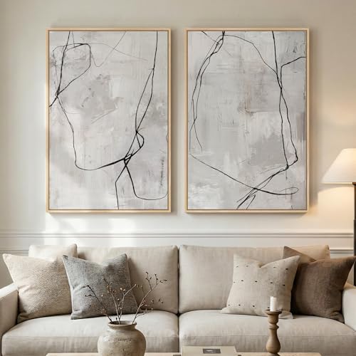Framed Gray Abstract Wall Art for Living Room, Large Set of 2 Modern Minimalist Canvas Artwork for Walls, Contemporary Black Line Paintings Prints Wall Decor for Bedroom Dining Room Hallway, 24x36 In - color: Beige, size: 24" W x 36" H x 2Pcs