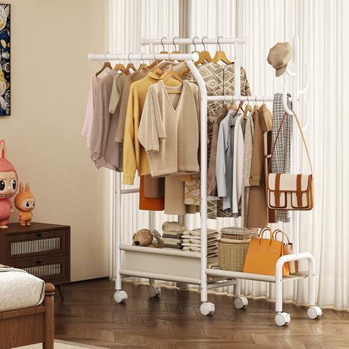 Homeiju Heavy Duty Clothes Rack Load 500LBS, Three Rods Clothing Racks for Hanging Clothes Extendable, Rolling Garment Rack with Sturdy Wheels, Basket, Storage Shelves, White - color: White