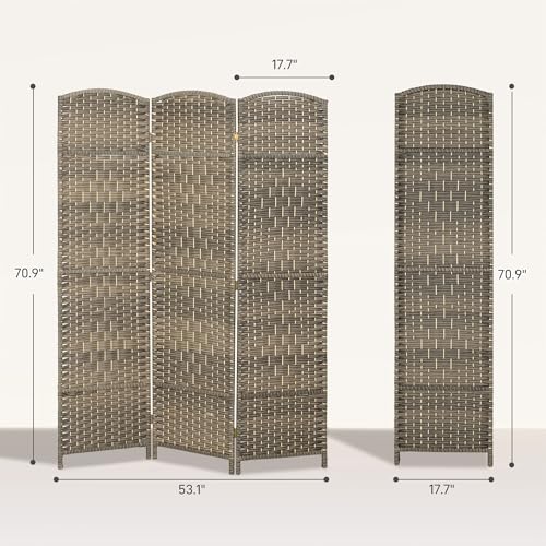 HOMCOM 3 Panel Room Divider 6 Ft Privacy Screen Hand-Woven Dark Rustic Oak | Folding PP Wall Partition, Pine Wood Frame, Freestanding Room Separator, Bedroom Home Office, No Assembly - color: Oak, size: 3 Panel