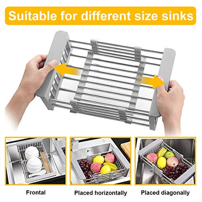 LUEXBOX Expandable Dish Drying Rack Over The Sink, Stainless Steel Drainer Basket with Adjustable Arms for Vegetable and Fruit (Grey) - color: Gray
