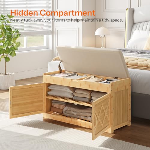 HOOBRO Shoe Bench, Shoe Storage Bench with Cushion, Bamboo Entryway Bench with Hidden Compartment, Storage Bench with Lift Top and 2 Door, for Living Room, Bedroom, Hallway, Beige and Natural YE60HX01