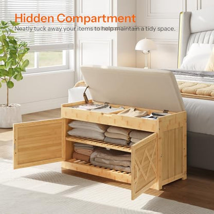 HOOBRO Shoe Bench, Shoe Storage Bench with Cushion, Bamboo Entryway Bench with Hidden Compartment, Storage Bench with Lift Top and 2 Door, for Living Room, Bedroom, Hallway, Beige and Natural YE60HX01