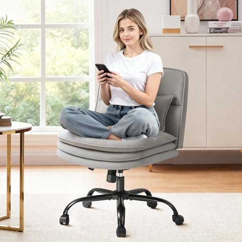 Furmax Criss Cross Legged Office Chair with Wheels, Armless Extra Wide Seat Swivel Desk Chair, Adjustable Height Comfy Task Chair with Thick Cushion for Home Office Bedroom Vanity (Fabric, Grey) - color: Grey