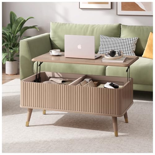 SULIVES Lift Top Coffee Table with Storage,Fluted Coffee Table with Lifting Top,Mid Century Modern Center Table with Solid Wood Legs,Small Coffee Tables for Living Room,Oak - color: Oak_rectangular