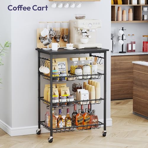 SWTYMIKI 24.4''x15.7'' Rolling Microwave Cart - 4 Tier Microwave Table Stand with 6 Storage Baskets, Coffee Bar with Wheels, Kitchen Utility Cart Shelf Rack Organizer for Vegetables, Potato, Black - color: Black