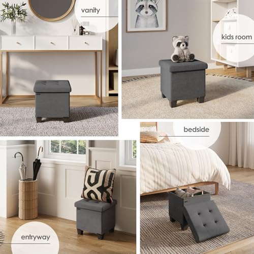 Storage Ottoman Cube with Small Bin, 15-in Square Ottoman with Storage for Living Room and Bedroom, Small Ottomans Foot Rest, Fabric Foot Stools Ottomans Max 330lbs, Grey - color: 02 - Grey