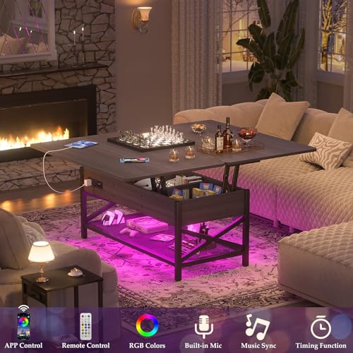 Aheaplus Coffee Table Lift Top Multi-Function Coffee Table Converts to Dining Table, with LED Light and Power Outlet, Center Table with Shelves for Living Room Reception Home Office,-S2, Espresso - color: Espresso