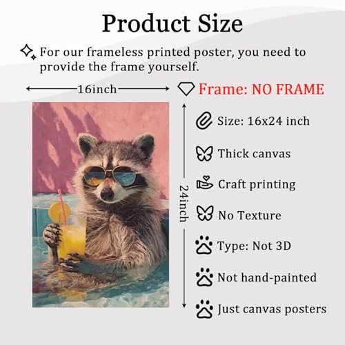 Oiyehokeul Animal Drinking Wall Art Funky Animal Posters Raccoon in Bathtub Wall Art Whimsical Artwork Trendy Aesthetic Pictures Raccoon Bathroom Poster Preppy Pink Cocktail Print 16x24in Frameless - color: G1Unframed