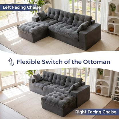 MAXYOYO Boneless Couch, 104-Inch L-Shaped Cloud Couch with Ottoman | Dark Grey Upholstered Sofa Features Layered Cushions and Flexible Modules with No Assembly, Ideal for Modern Living Rooms. - color: Dark Grey, size: 104" L Shape