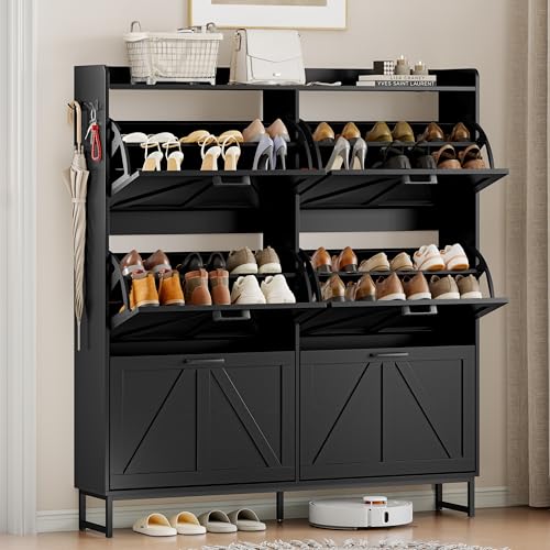 Shoe Cabinet Storage for Entryway, Shoe Storage Cabinet with 6 Flip Drawers, Freestanding Narrow Shoe Rack Organizer with Metal Legs, Adjustable Shelves & Open Storage for Foyer, Hallway, Black - color: Black, style: 6 Drawers