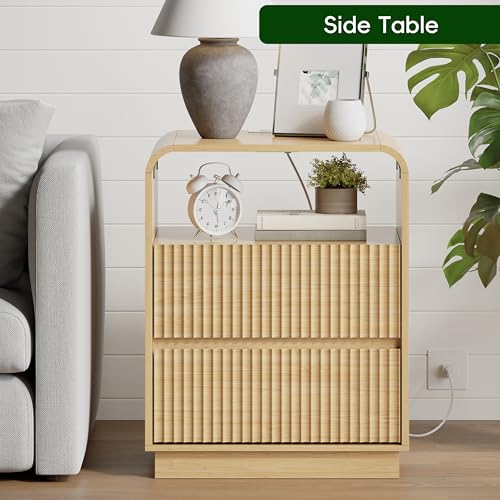 Natural Oak Nightstands Set of 2 with Charging Station, Mid Century Modern End Tables & Bedside Tables, Fluted Wood Small Night Stands with 2 Hidden Drawers and Storage Shelf for Bedroom - color: Natural Oak, style: 2 Drawers-2 PCS