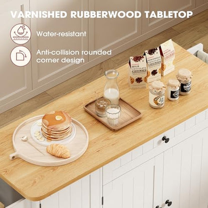 GRUSIGN Kitchen Island with Storage, 41.7" Rolling Cart with Drop Leaf, Portable Island Table on Wheels, Spice Rack, Towel Rack and Drawer, White, 41.7" L x 29.5" W