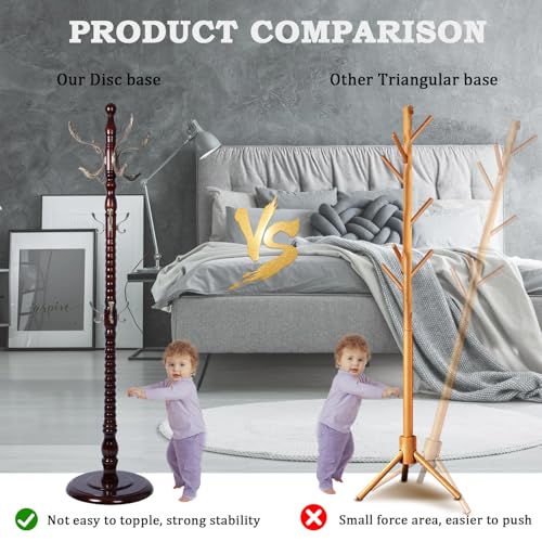Coat Racks FreeStanding with 14 Hooks, Natural Wood Coat Rack with Solid Round Base, Adjustable Height Coat Racks, Easy Assembly for Hallway, Bedroom and Office (Reddish Brown-Metal Hook) - color: Reddish Brown-Metal Hook