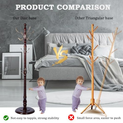 Coat Racks FreeStanding with 14 Hooks, Natural Wood Coat Rack with Solid Round Base, Adjustable Height Coat Racks, Easy Assembly for Hallway, Bedroom and Office (Reddish Brown-Metal Hook) - color: Reddish Brown-Metal Hook