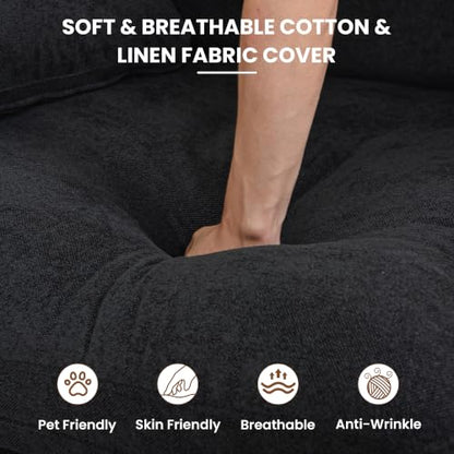 118" Cloud Modular Sofa, Convertible Modular 3 Seater Couch, Cotton Linen Fabric Sofa for Living Room, Apartment and Bedroom, Removable Covers, 2 Pillows, Black - color: Black, size: 3-Seater